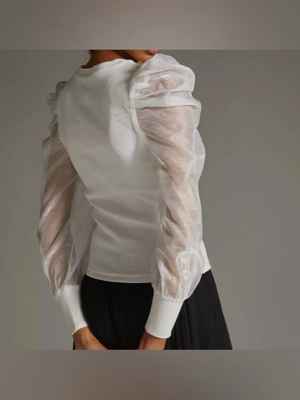 Anthropologie Dolan Puff Sleeve Ribbed Top White Organza NWOT Small